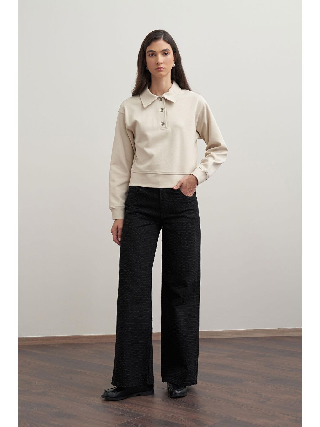 Siyah-Kırık İğne Dokulu Denim Pantolon