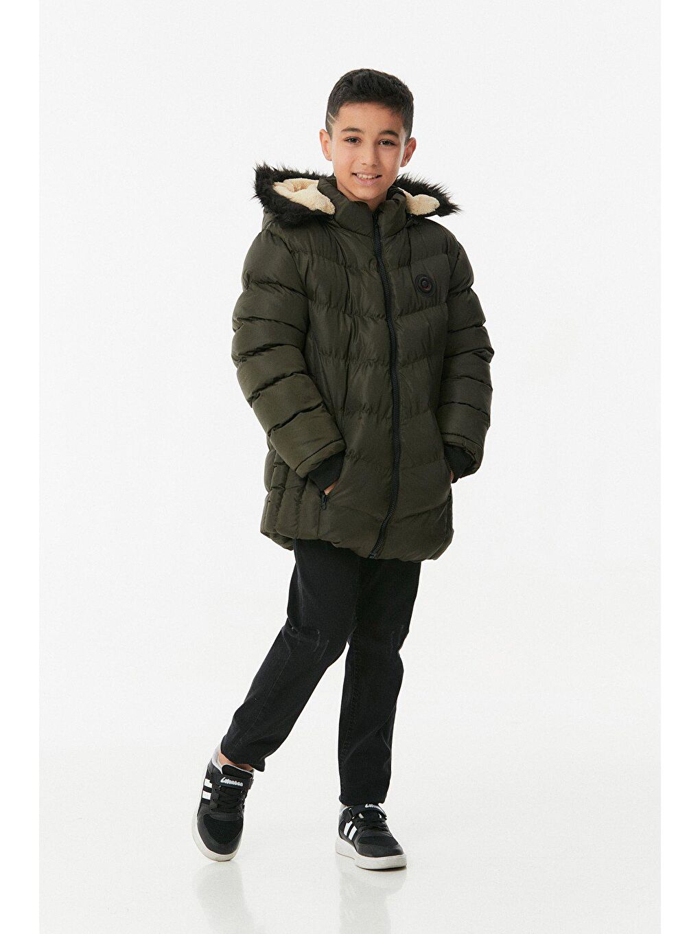 Haki Kapüşonu Kürklü Erkek Çocuk  Şİşme Mont-3