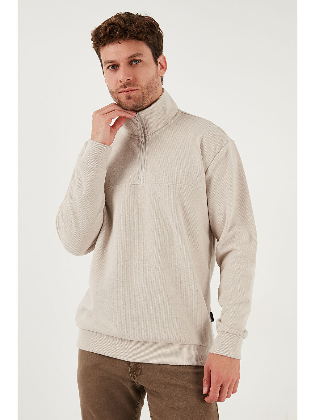 Bej Pamuklu Regular Fit Yarım Fermuarlı Dik Yaka Kazak 456112-2