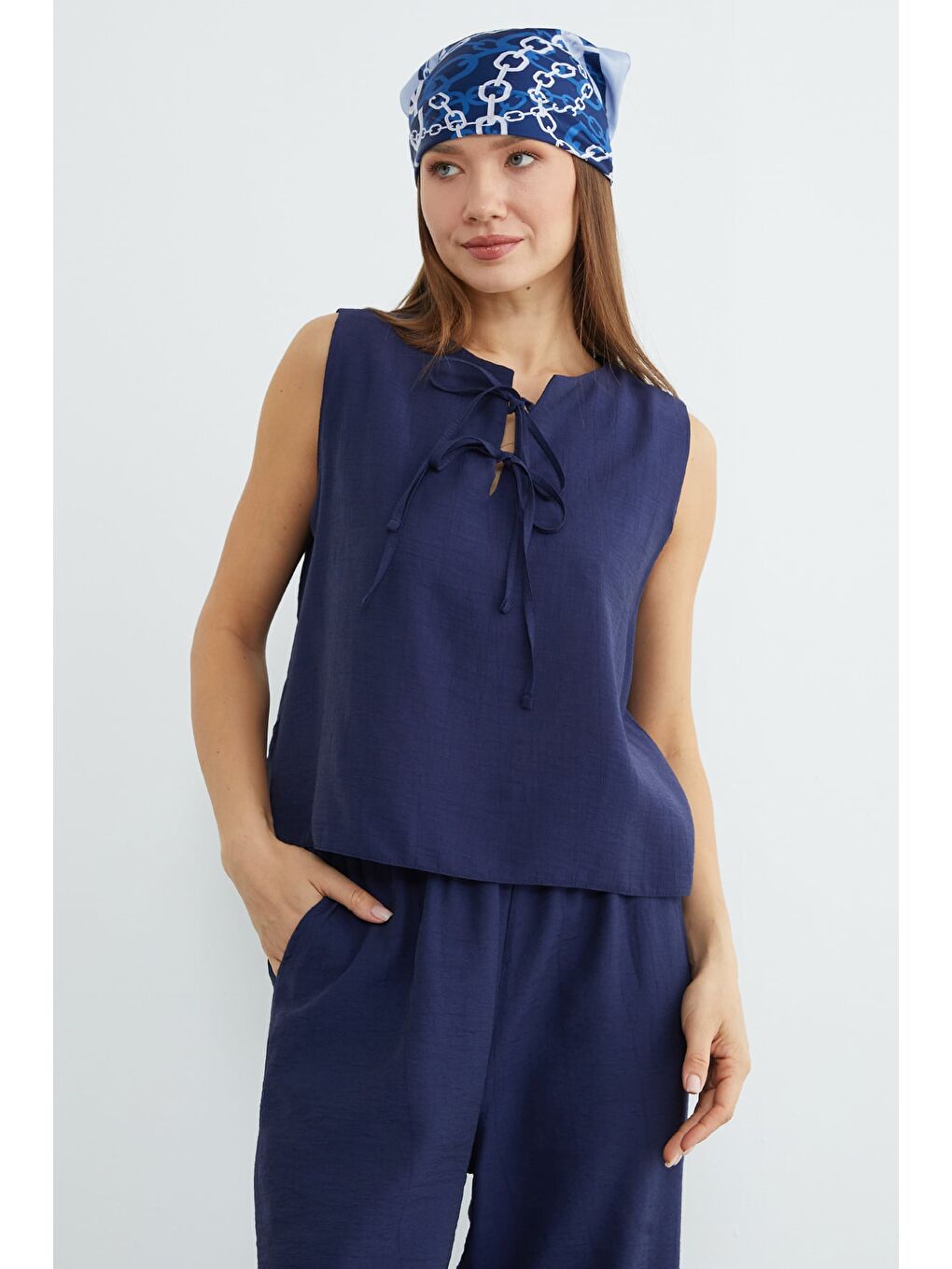 Lacivert Önü Bağlamalı Krinkıl Cepli 2 Li Takım-3