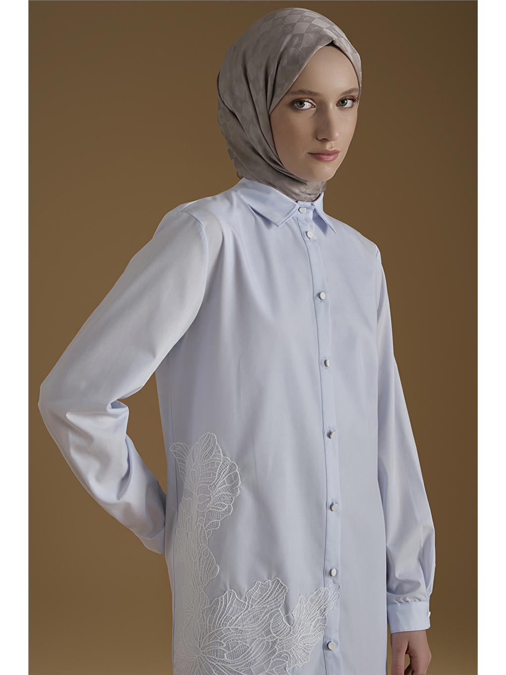 İşlemeli Poplin Tunik Mavi-1