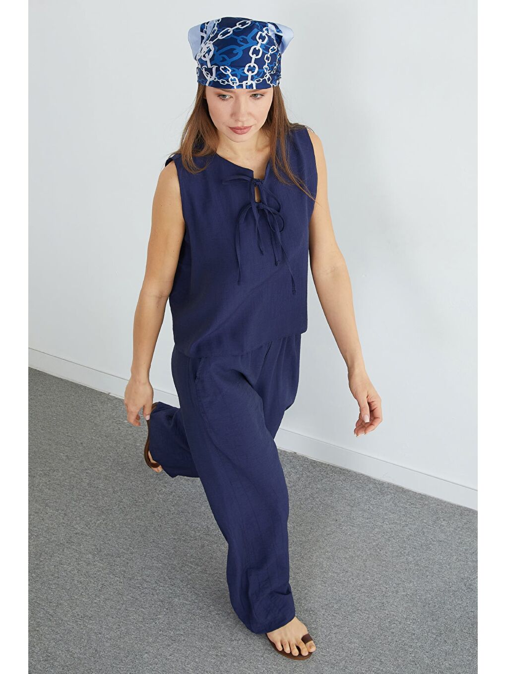 Lacivert Önü Bağlamalı Krinkıl Cepli 2 Li Takım-4