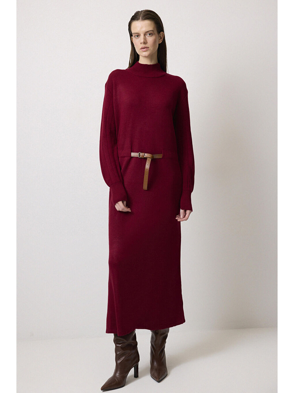 Bordo Beli Kemerli Triko Elbise