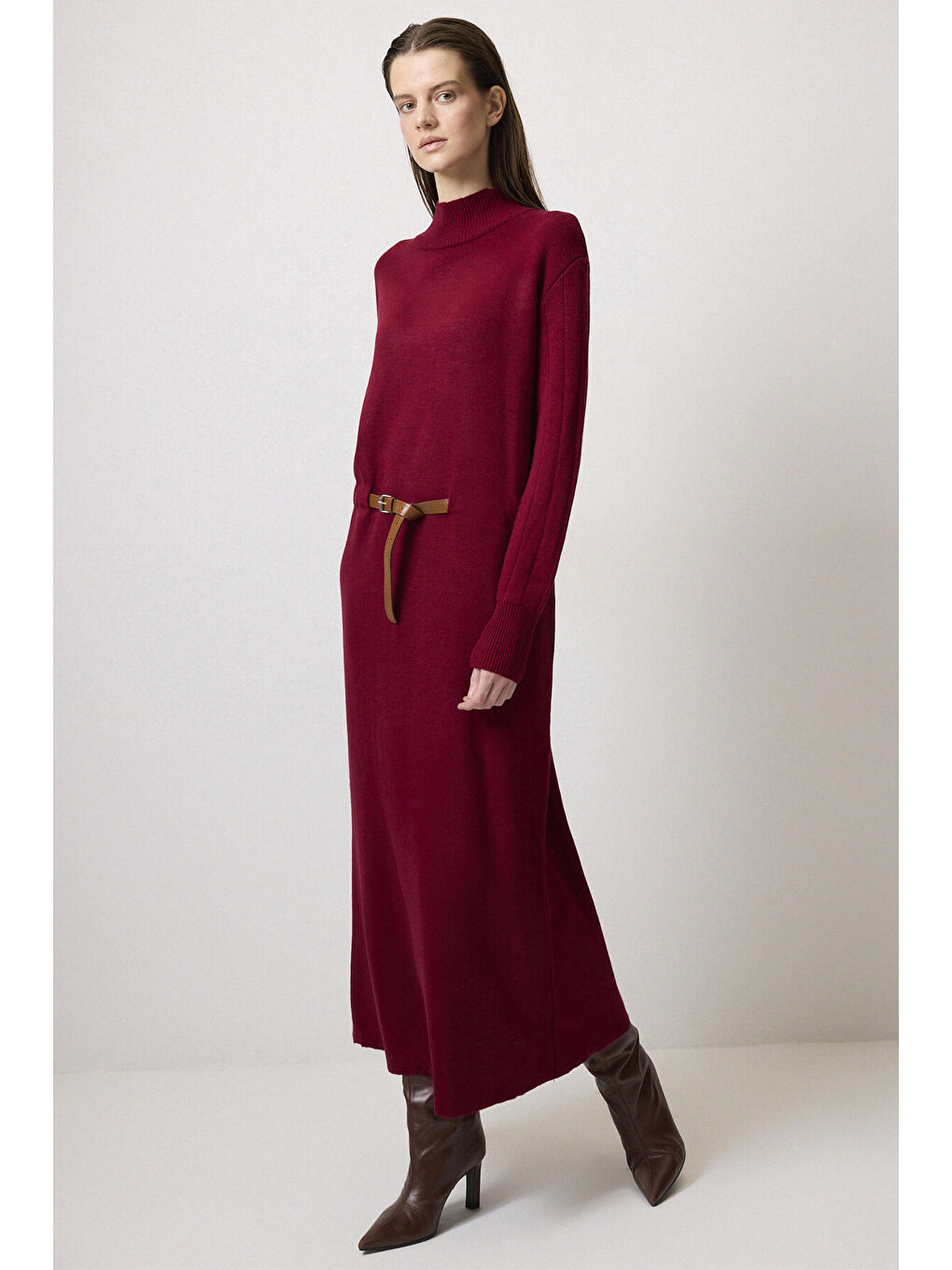 Bordo Beli Kemerli Triko Elbise-1