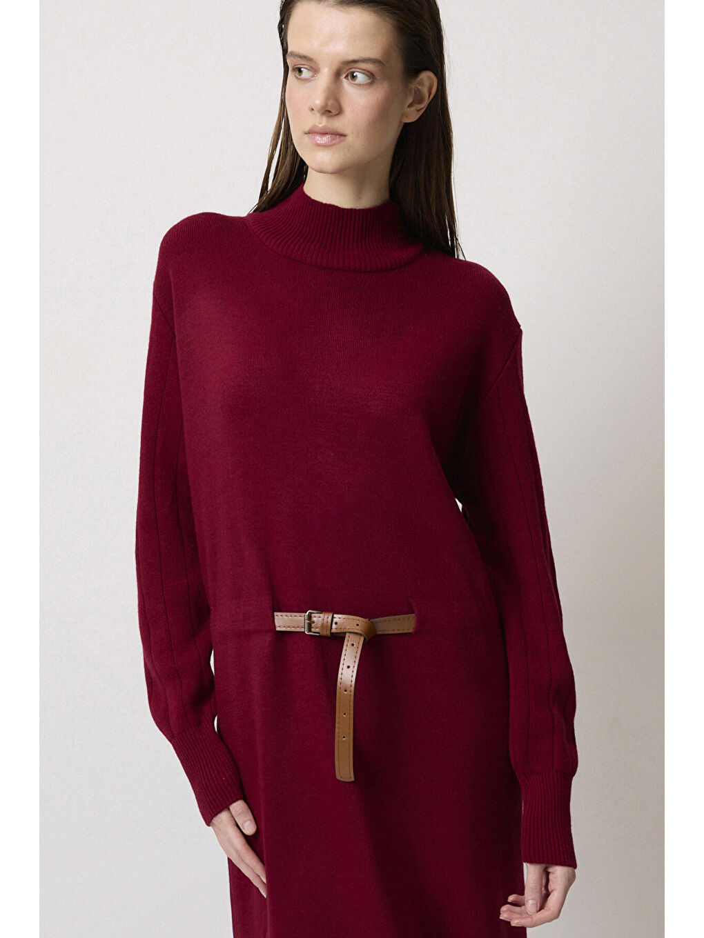 Bordo Beli Kemerli Triko Elbise-2