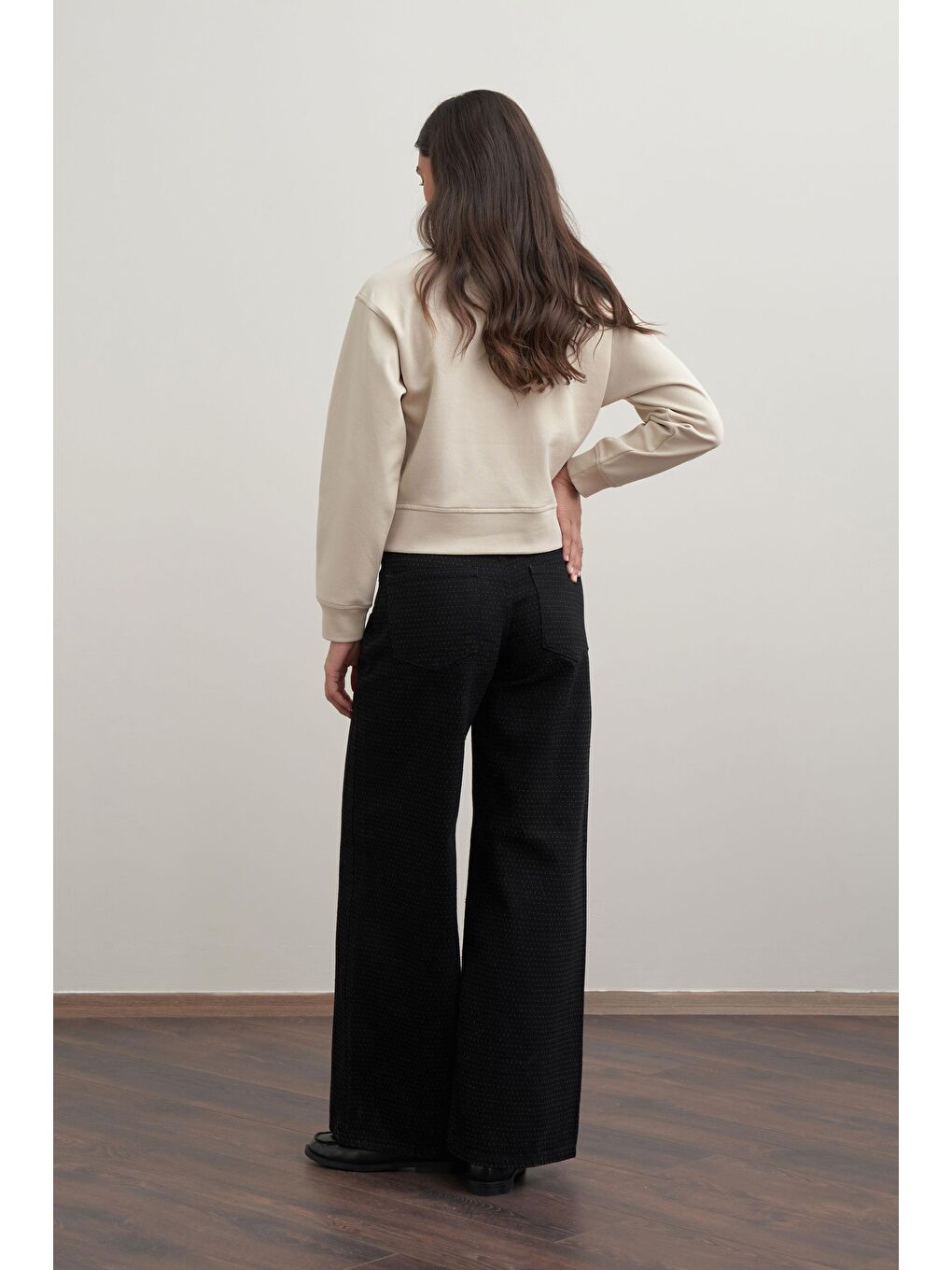 Siyah-Kırık İğne Dokulu Denim Pantolon-2