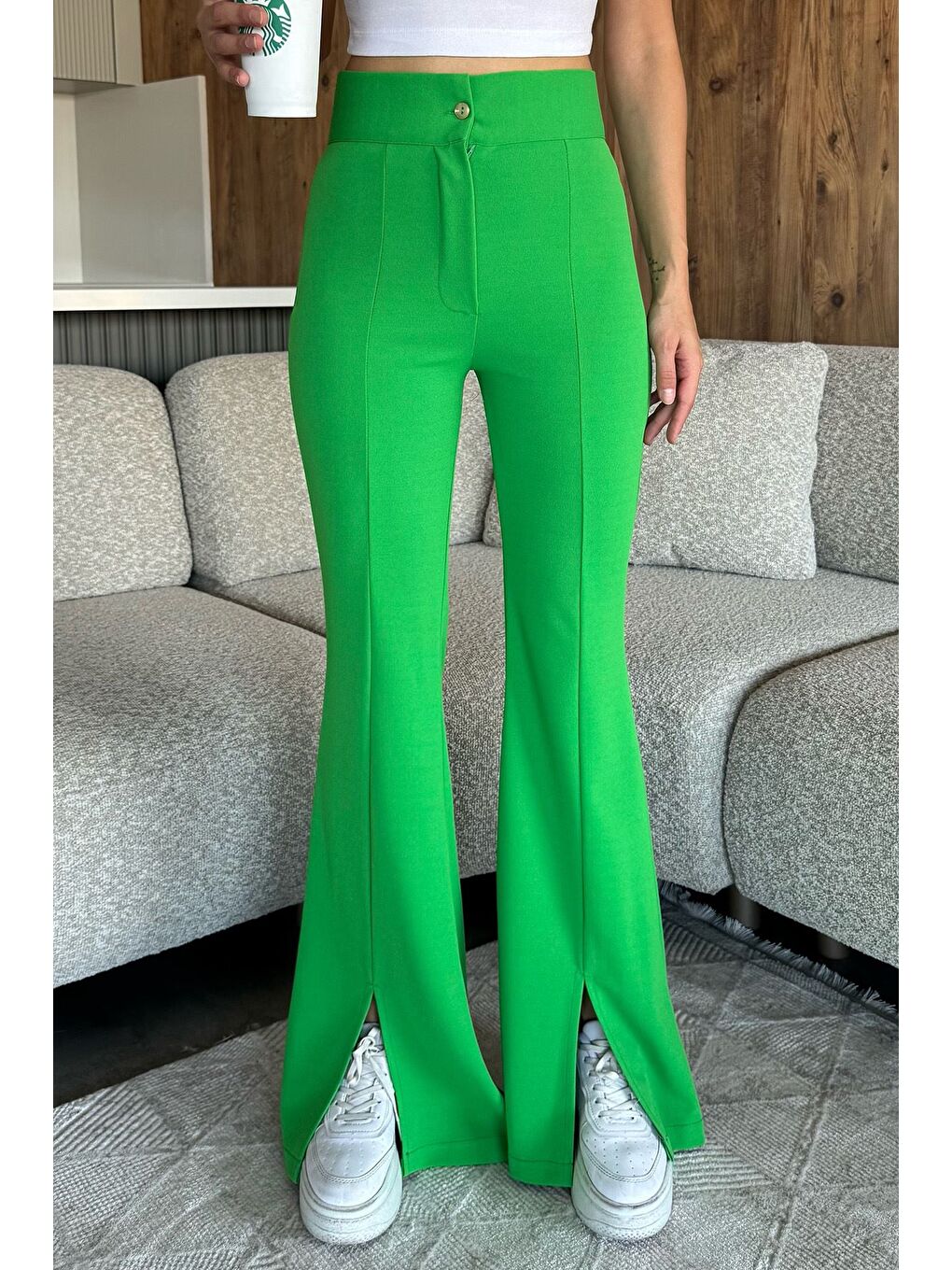 Yeşil Paça Yırtmaçlı Palazzo Slim Fit Kumaş Pantolon-1