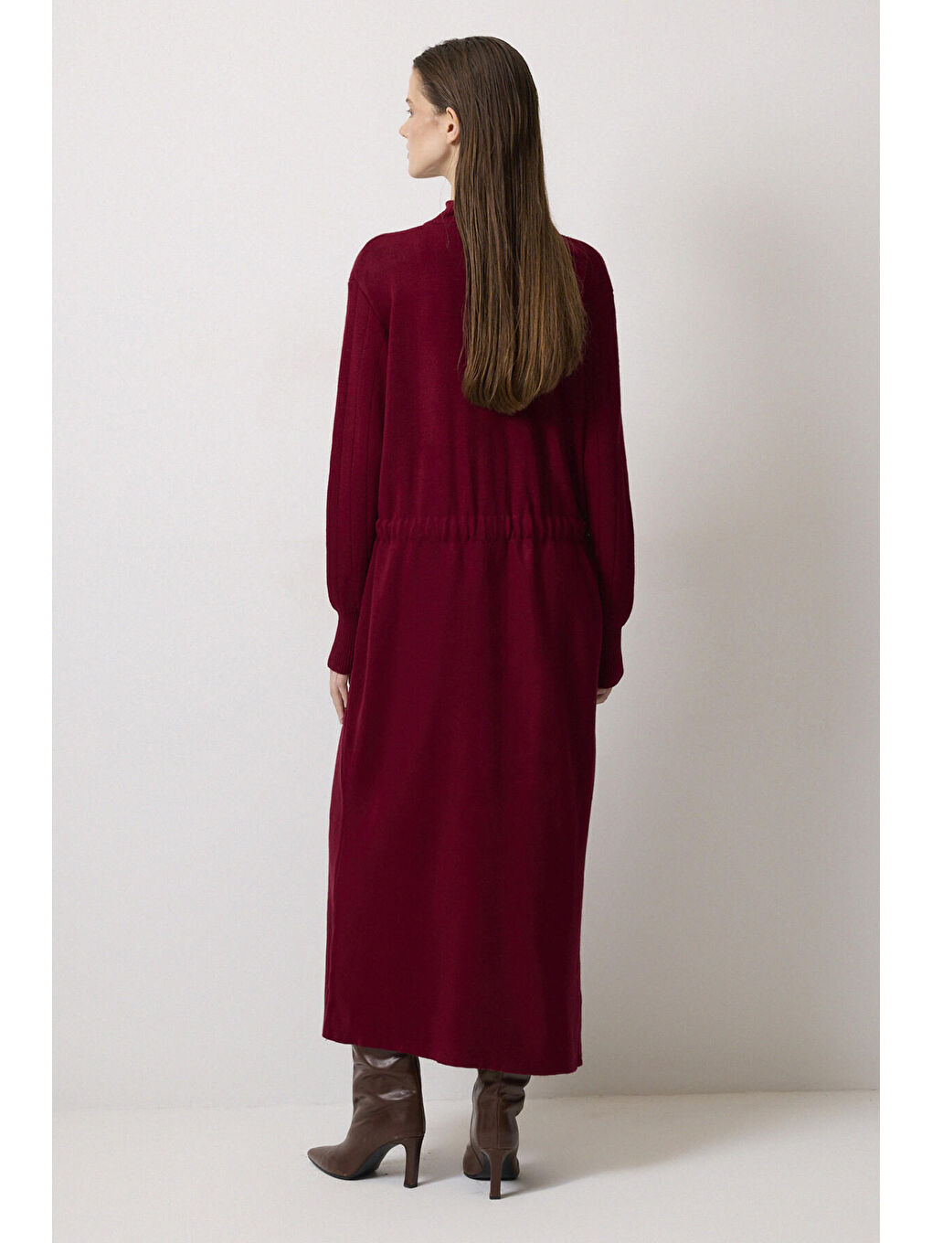 Bordo Beli Kemerli Triko Elbise-3