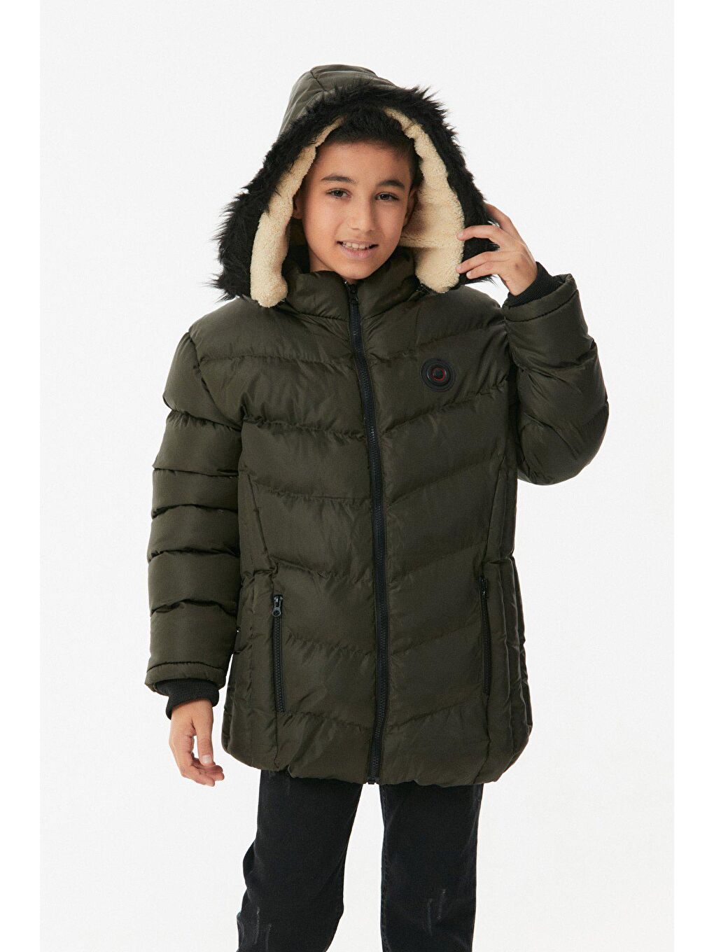 Haki Kapüşonu Kürklü Erkek Çocuk  Şİşme Mont-4