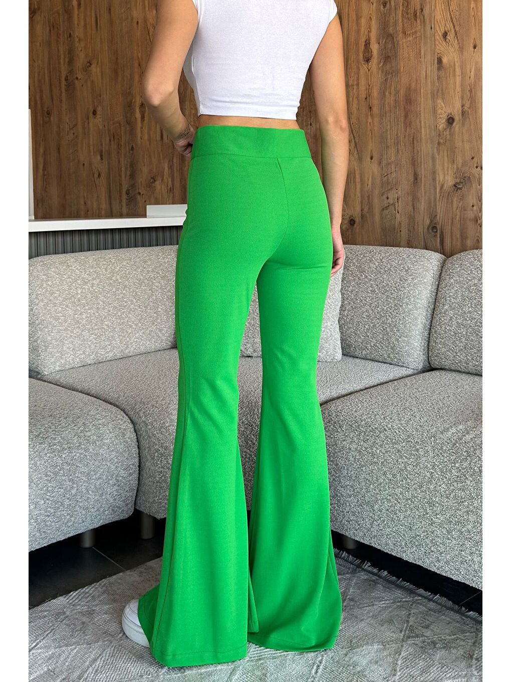 Yeşil Paça Yırtmaçlı Palazzo Slim Fit Kumaş Pantolon-2