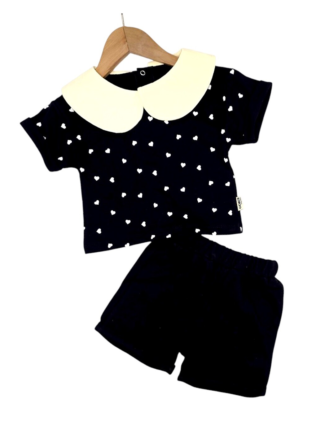 Siyah Kız Bebek Kalp Baskılı Bebe Yakalı 6-9-12-18-24 Aylık Bayramlık Şortlu Bebek Takımı-3