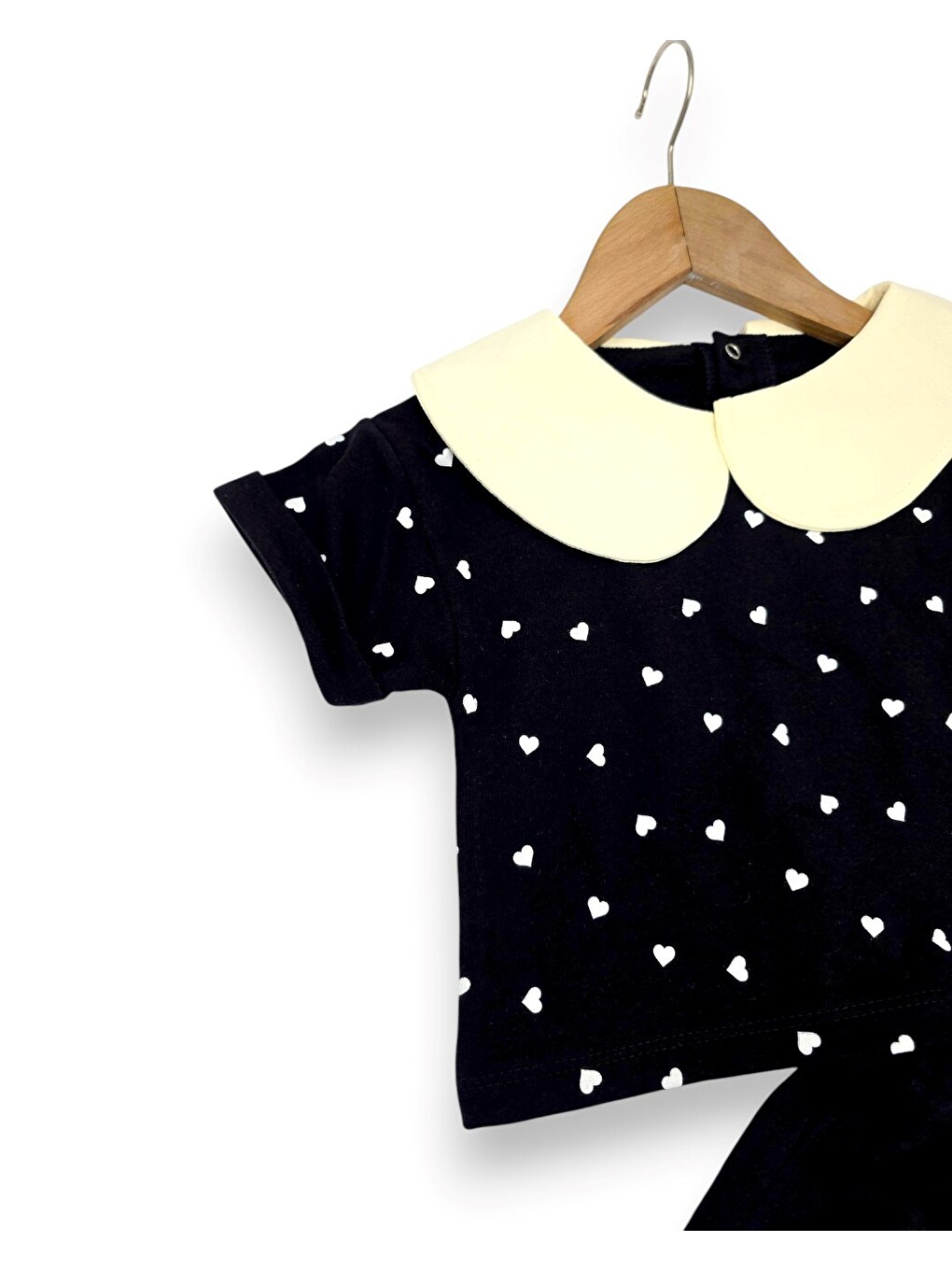 Siyah Kız Bebek Kalp Baskılı Bebe Yakalı 6-9-12-18-24 Aylık Bayramlık Şortlu Bebek Takımı-4