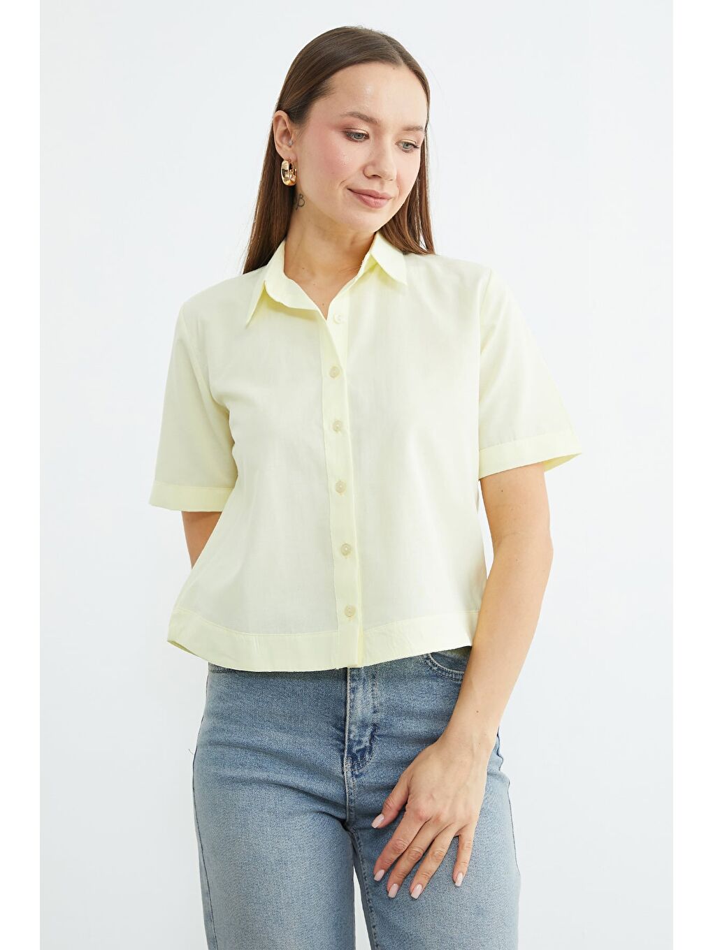 Sarı Basic Kolu Ve Beli Manşetli Crop Gömlek-2