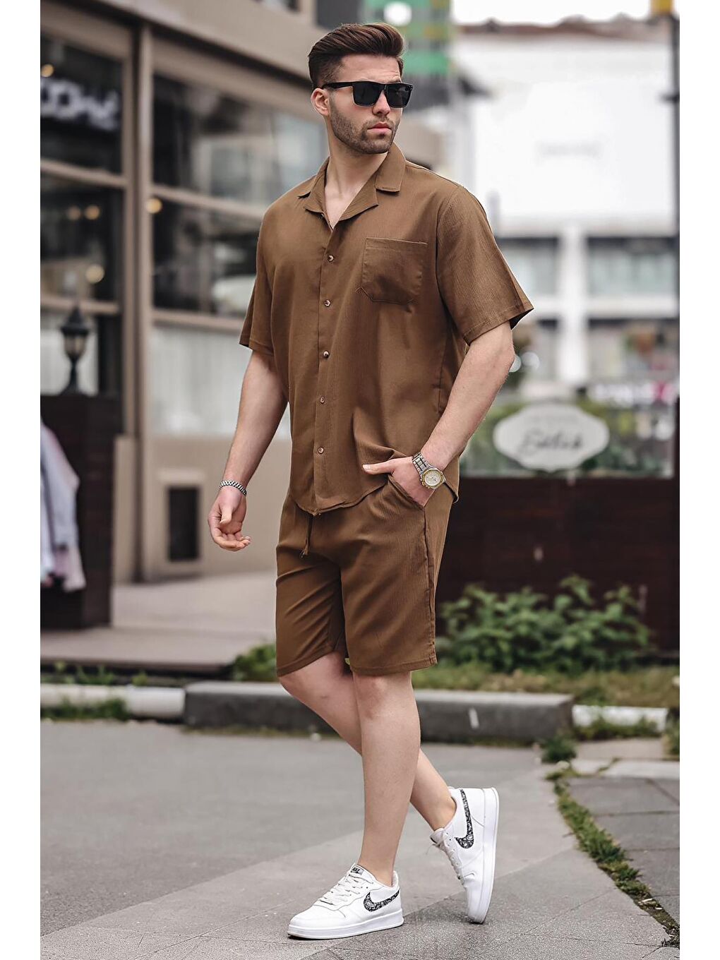 Erkek Kahverengi Basic Oversize Gömlek %100 Pamuk Takımı 5588