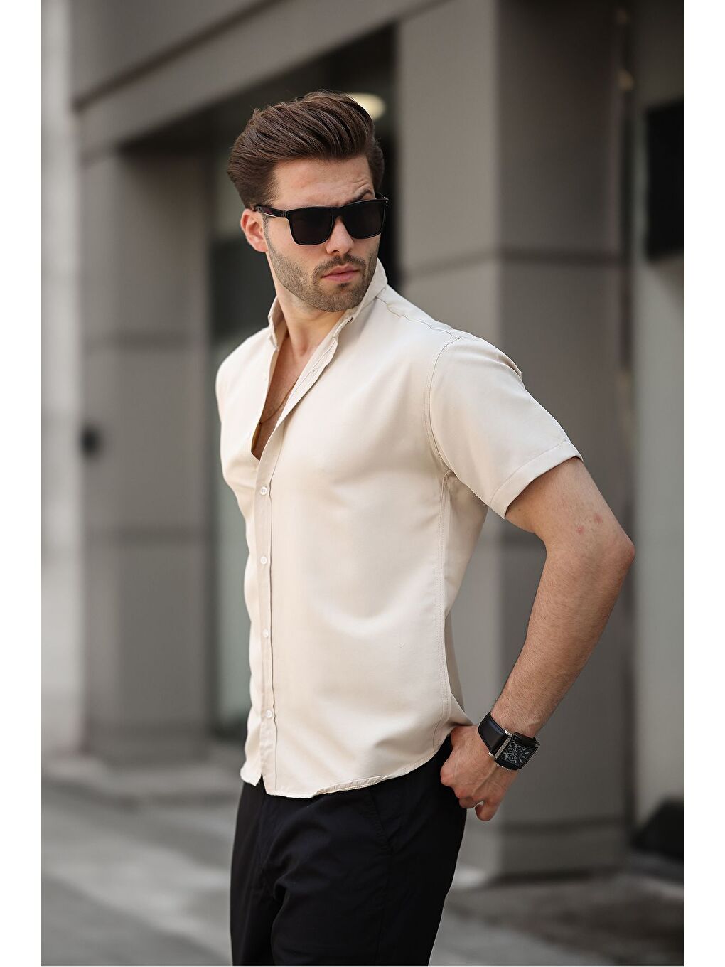 Ekru Kısa Kollu Klasik Gömlek-2