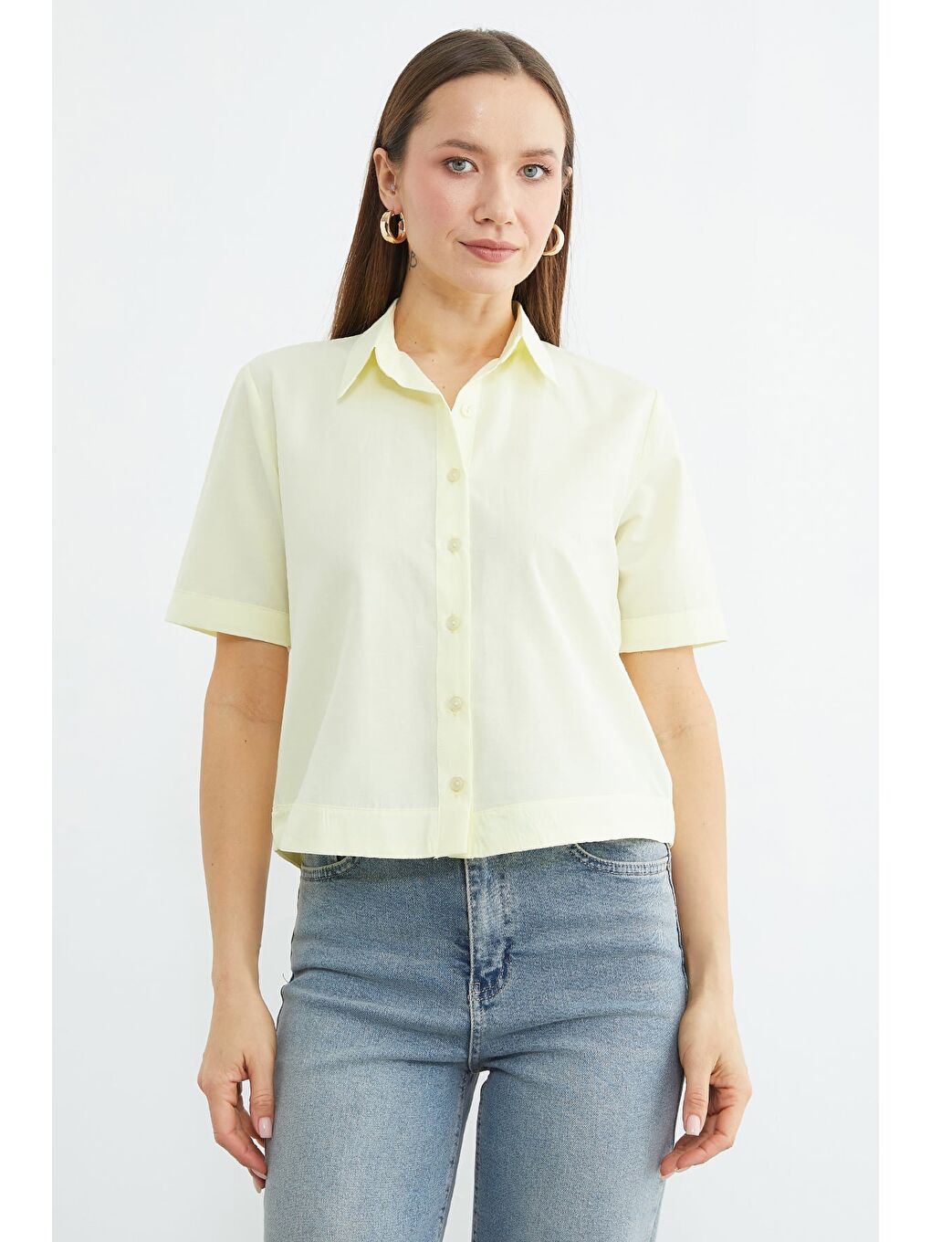 Sarı Basic Kolu Ve Beli Manşetli Crop Gömlek-3