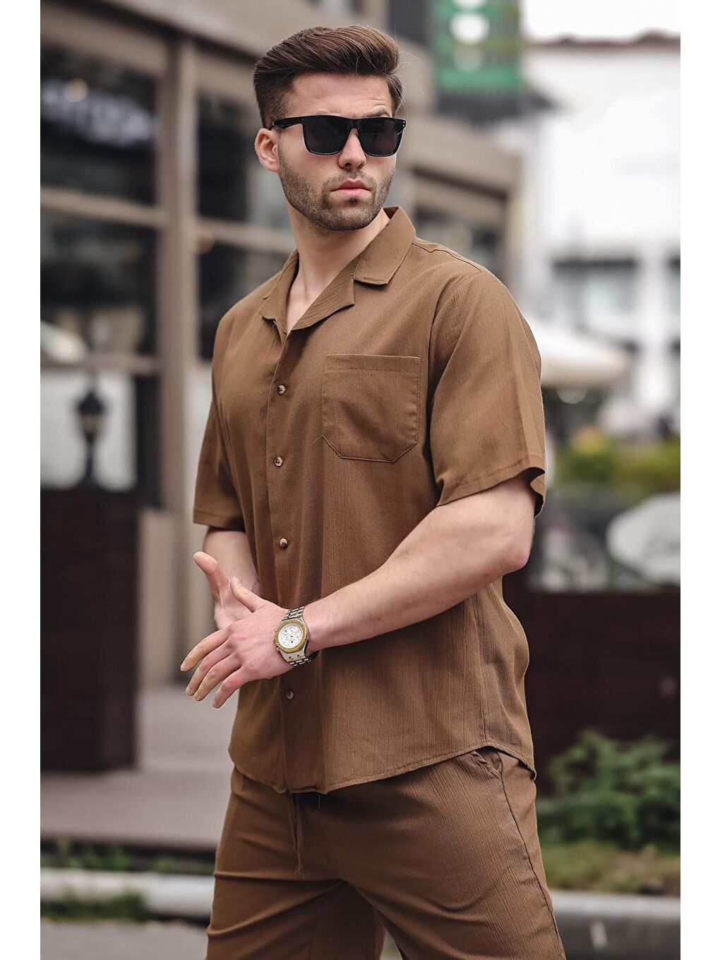 Erkek Kahverengi Basic Oversize Gömlek %100 Pamuk Takımı 5588-1