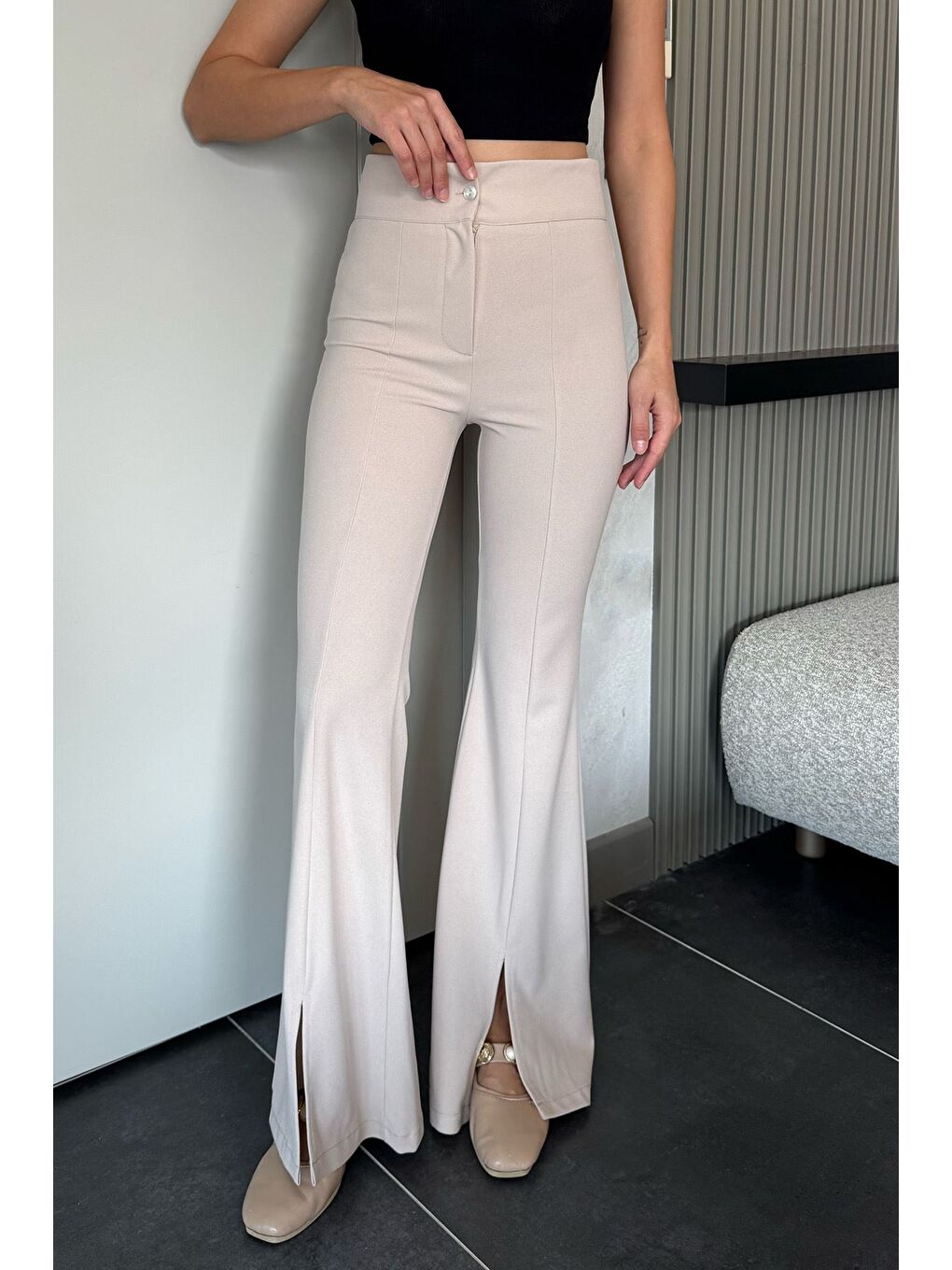 Bej Paça Yırtmaçlı Palazzo Slim Fit Kumaş Pantolon