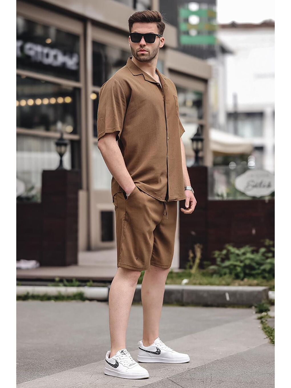 Erkek Kahverengi Basic Oversize Gömlek %100 Pamuk Takımı 5588-2