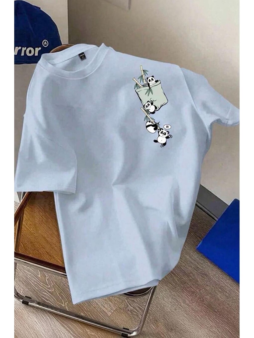 Turkuaz Bambu Panda Grafikli Cep Detaylı Kısa Kollu Oversize Unisex Bisiklet Yaka Tişört