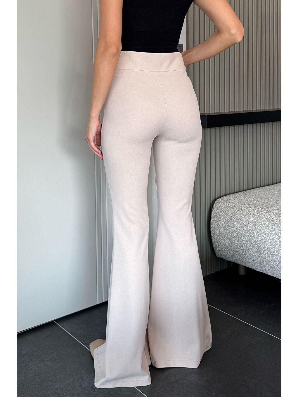 Bej Paça Yırtmaçlı Palazzo Slim Fit Kumaş Pantolon-2