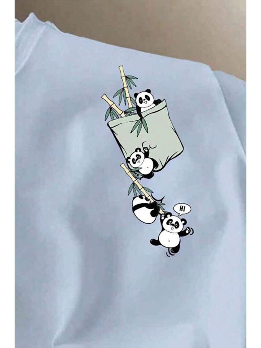Turkuaz Bambu Panda Grafikli Cep Detaylı Kısa Kollu Oversize Unisex Bisiklet Yaka Tişört-1