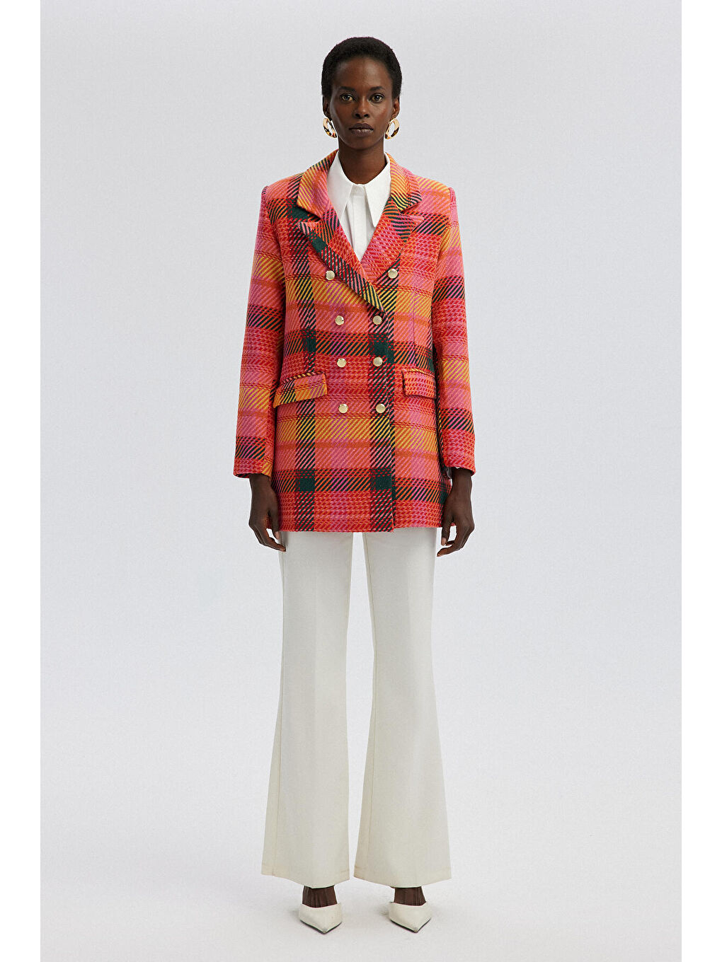 Fuşya Gold Düğmeli Ekoseli Ceket-1