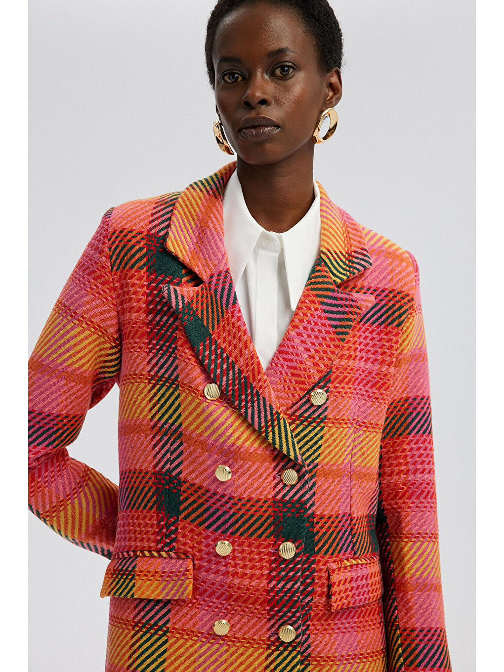 Fuşya Gold Düğmeli Ekoseli Ceket-2