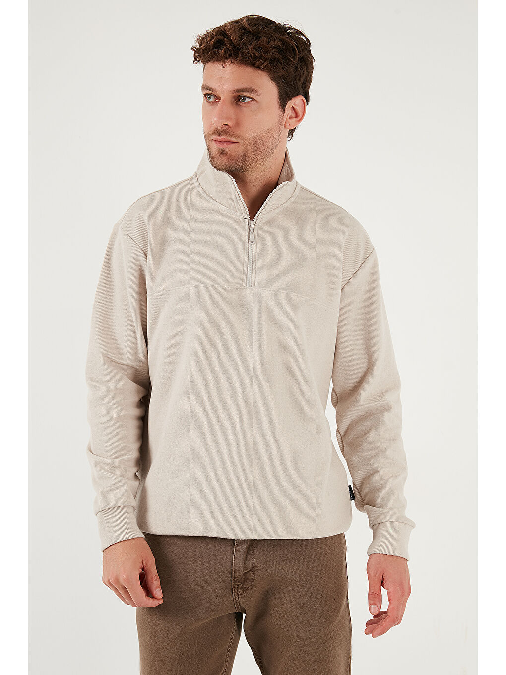 Bej Pamuklu Regular Fit Yarım Fermuarlı Dik Yaka Kazak 456112-4