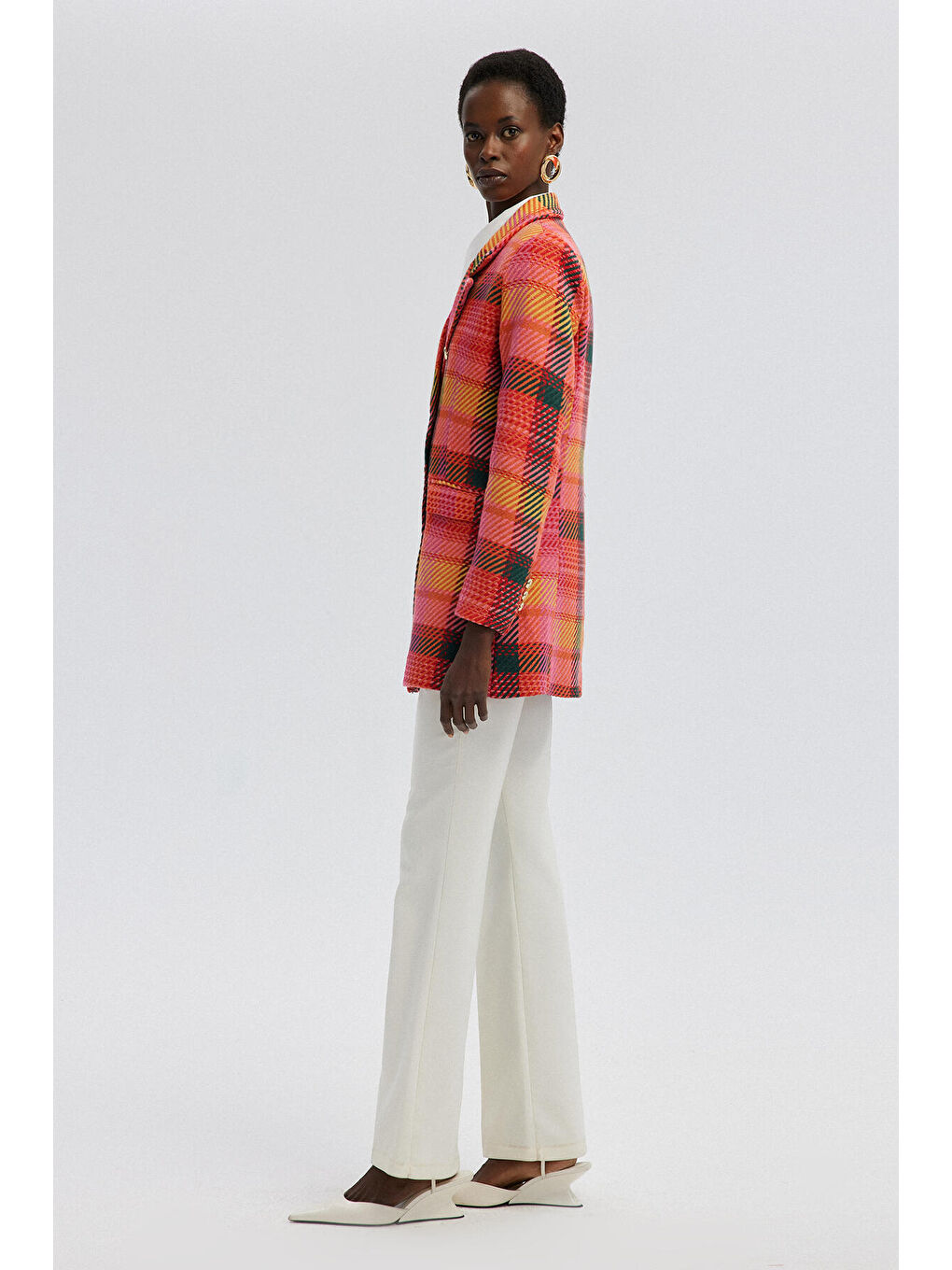 Fuşya Gold Düğmeli Ekoseli Ceket-3