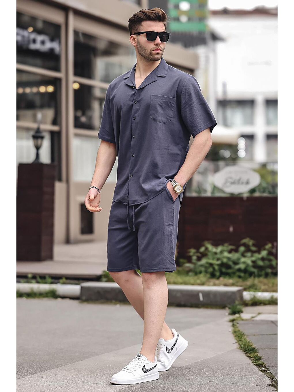 Gri Erkek Füme Basic Oversize Gömlek %100 Pamuk Takımı 5588