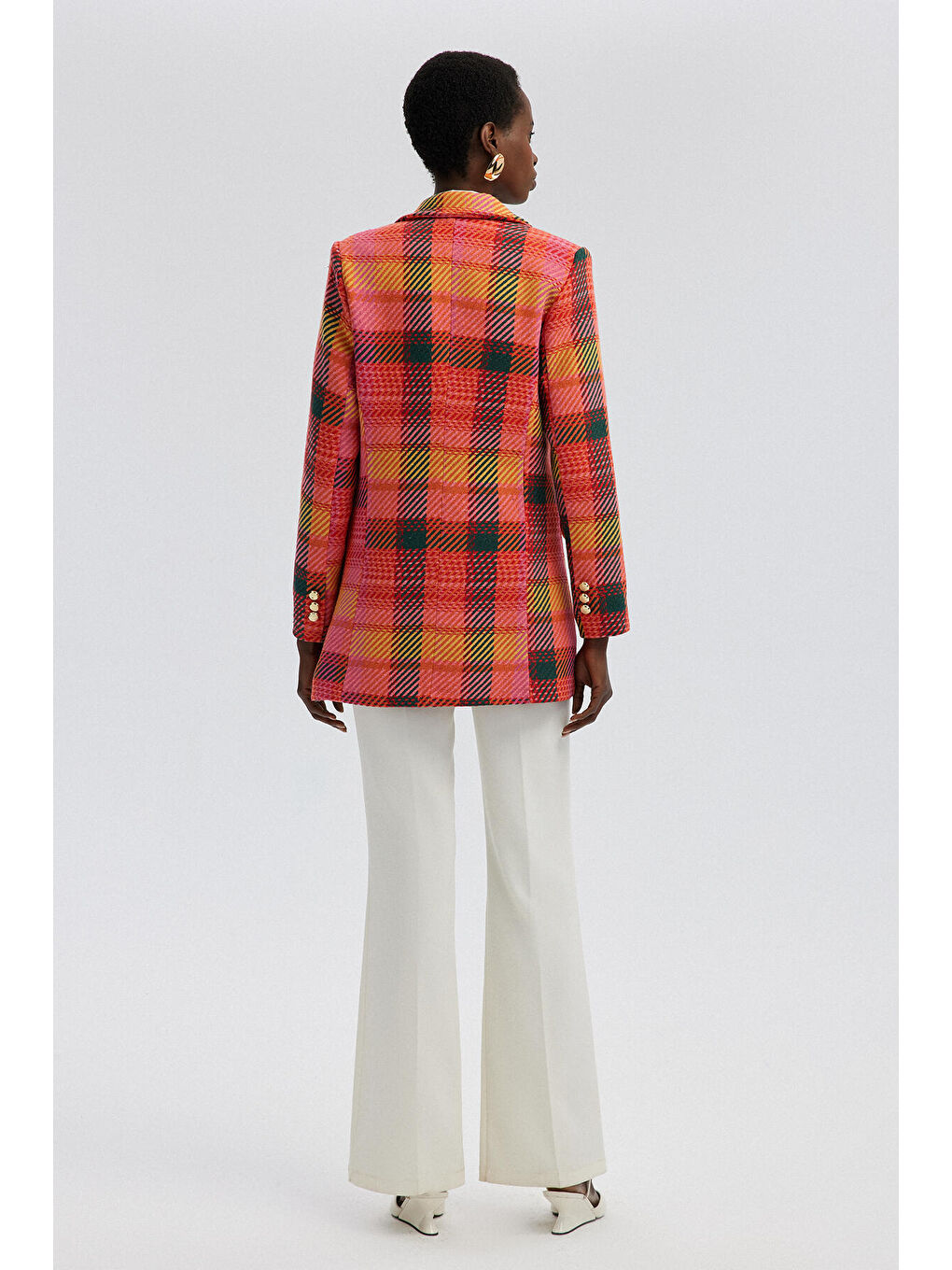 Fuşya Gold Düğmeli Ekoseli Ceket-4