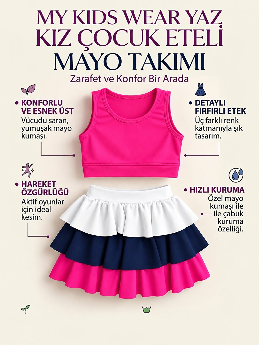 Fuşya Kız Çocuk Fırfırlı Etekli Mayo Seti – Ve Rahat Tasarım 12939-1
