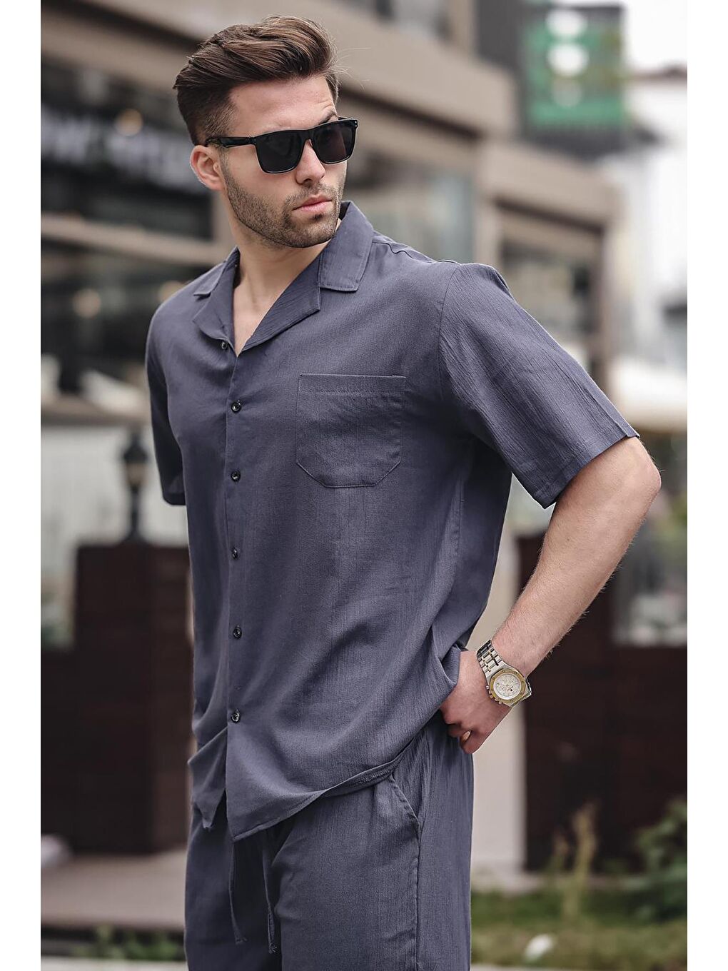 Gri Erkek Füme Basic Oversize Gömlek %100 Pamuk Takımı 5588-1