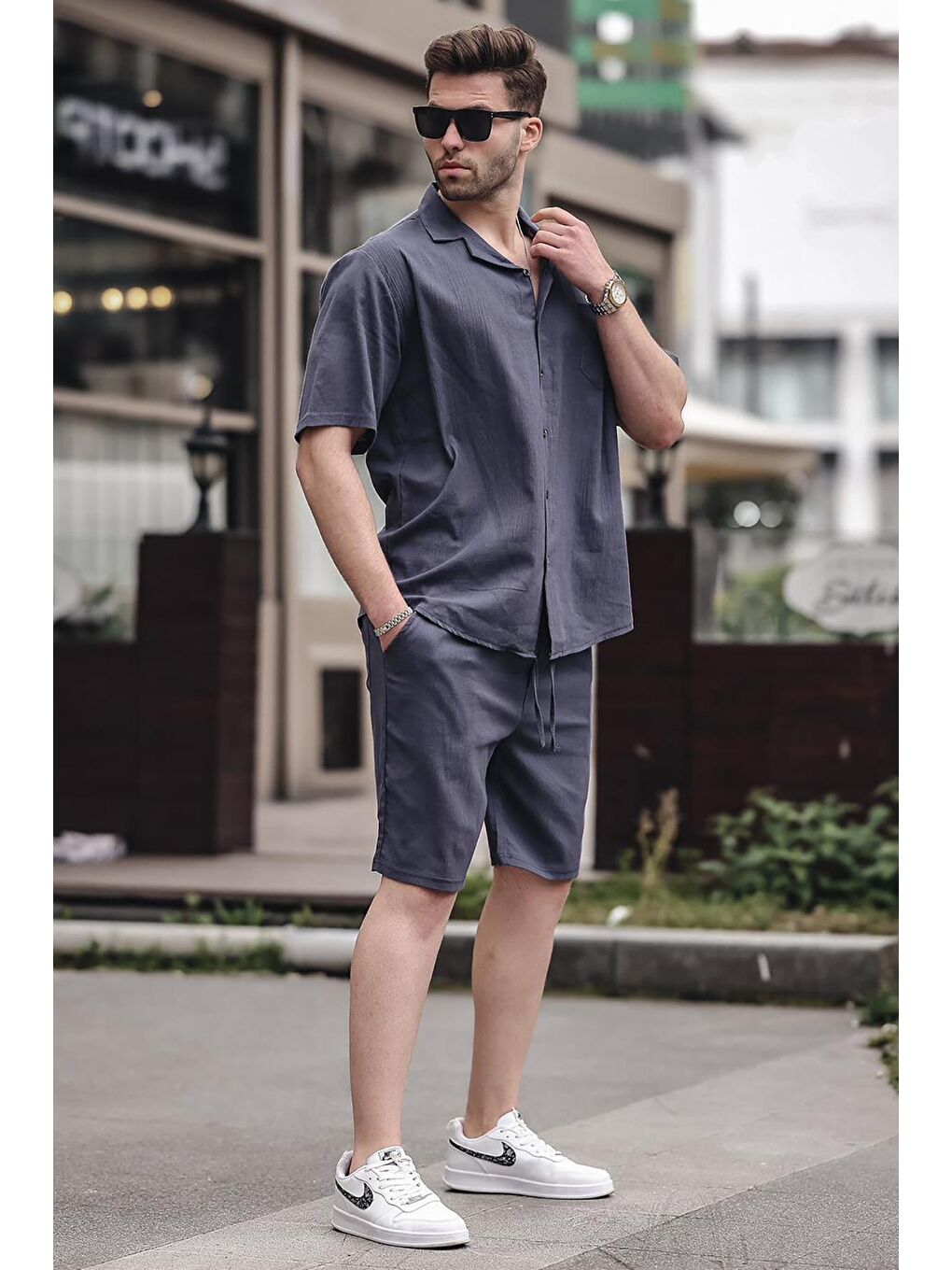 Gri Erkek Füme Basic Oversize Gömlek %100 Pamuk Takımı 5588-2