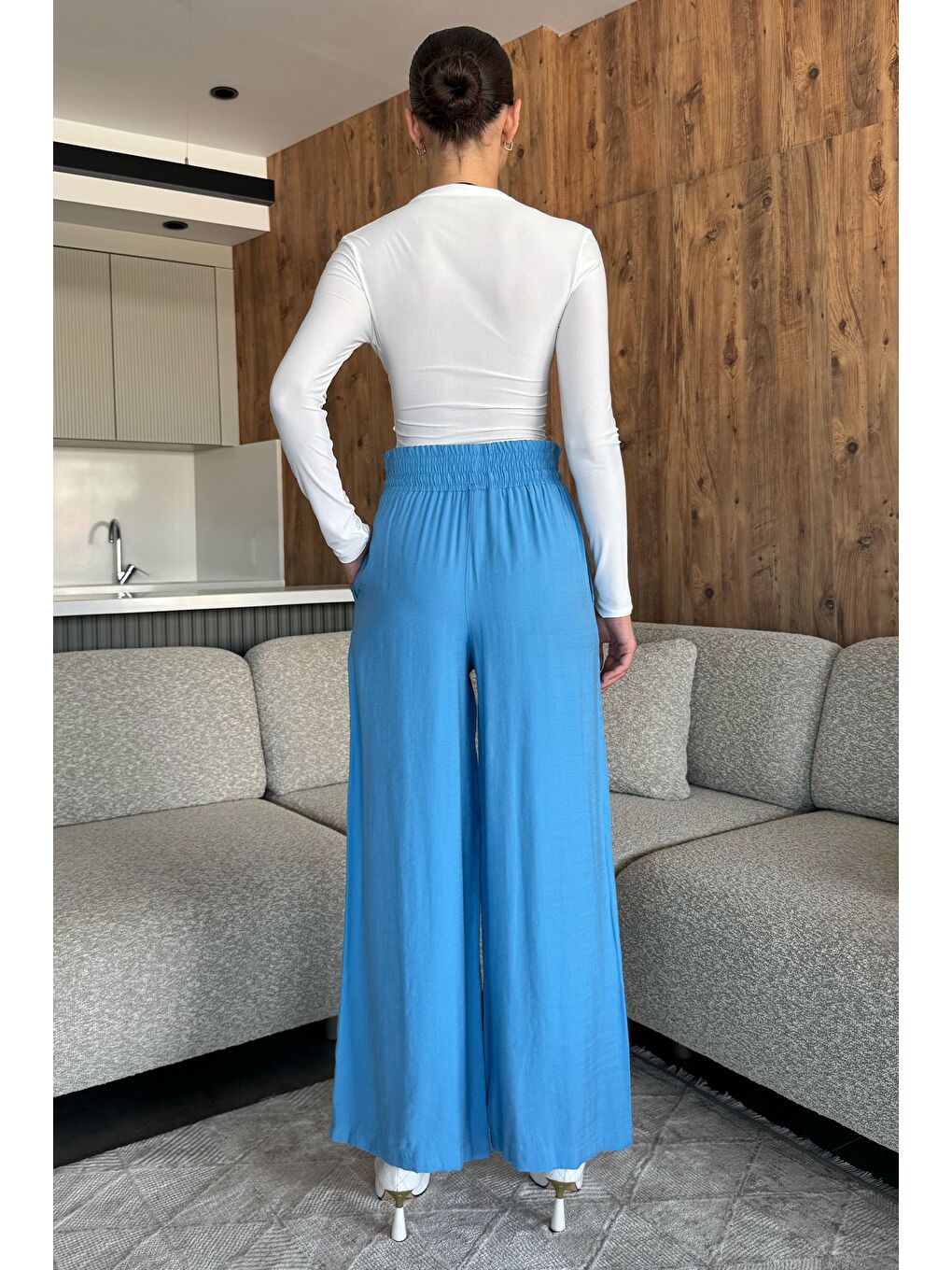 Mavi Bel Lastikli Bol Kesim Yüksek Bel Kadın Pantolon-2