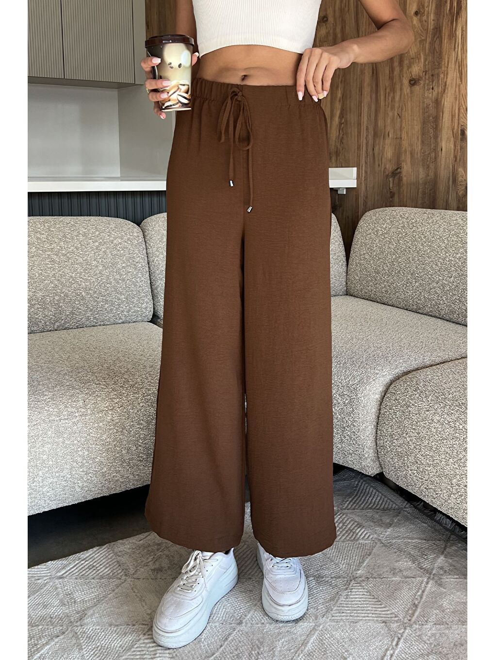 Kahverengi Kadın Bel Lastikli Bol Kesim Pantolon