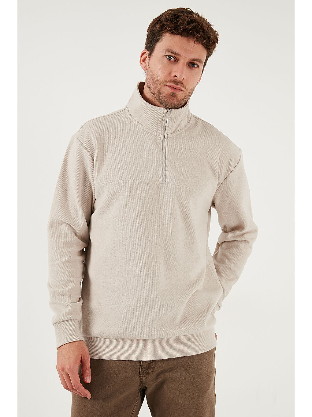 Bej Pamuklu Regular Fit Yarım Fermuarlı Dik Yaka Kazak 456112-5