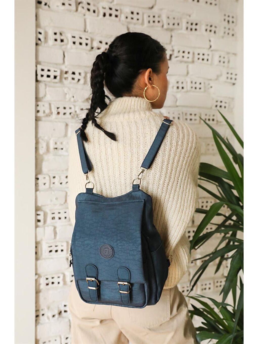 Lacivert Kadın Krinkıl Kumaş Okul El Ve Sırt Çantası-1