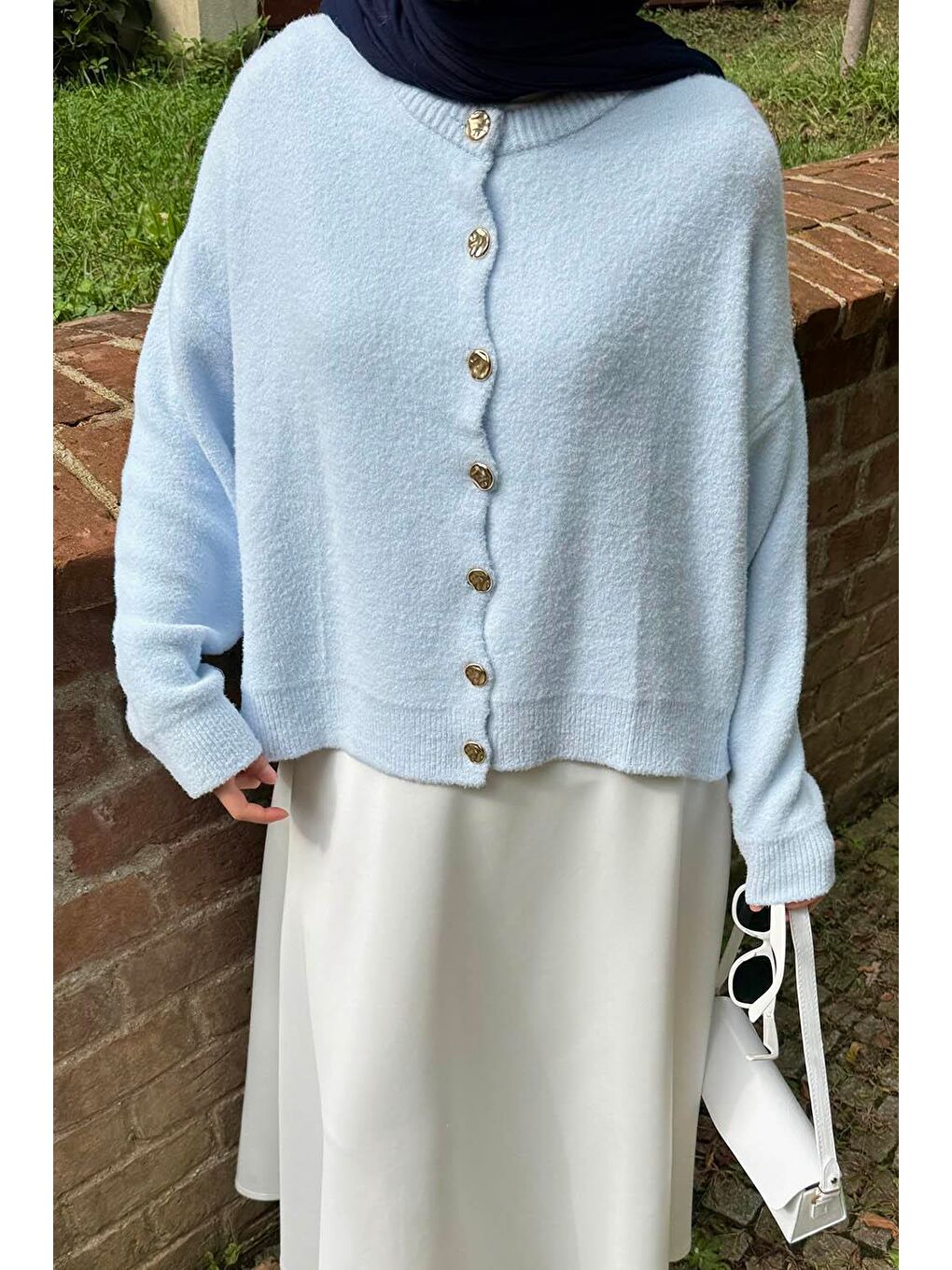 Gold Düğme Detaylı Hırka Bebe Mavisi-2