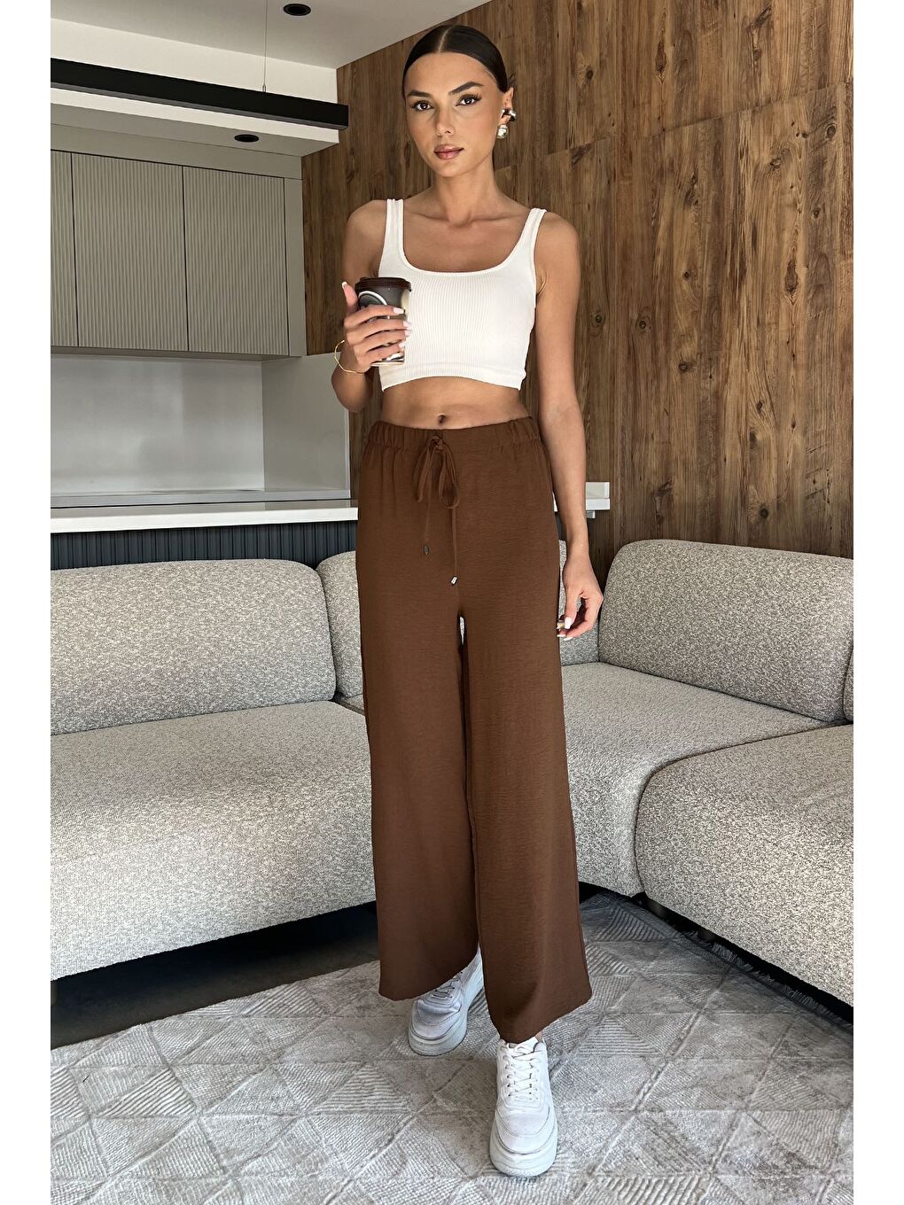 Kahverengi Kadın Bel Lastikli Bol Kesim Pantolon-1