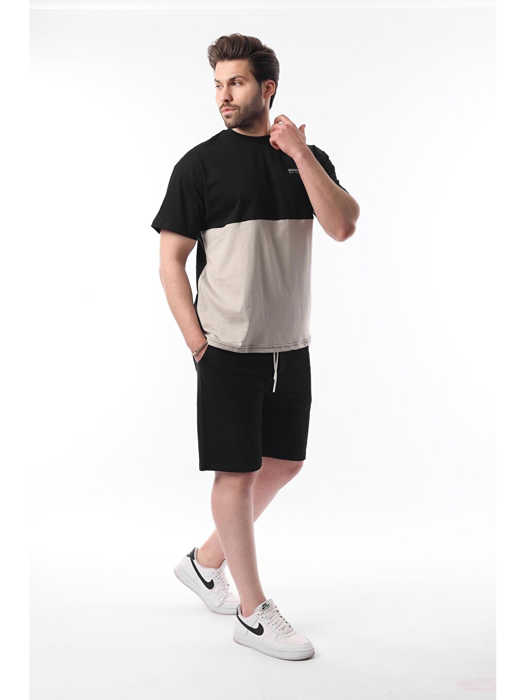 Siyah Baskılı Renk Bloklu Pamuklu Ayarlanabilir Bel Şort %100 Pamuk Takım 5952-1