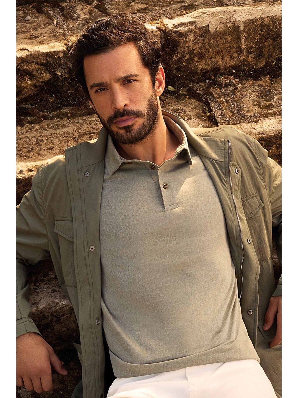 Haki Slim Fit Dar Kesim Pamuklu Polo Yaka Tişört-1