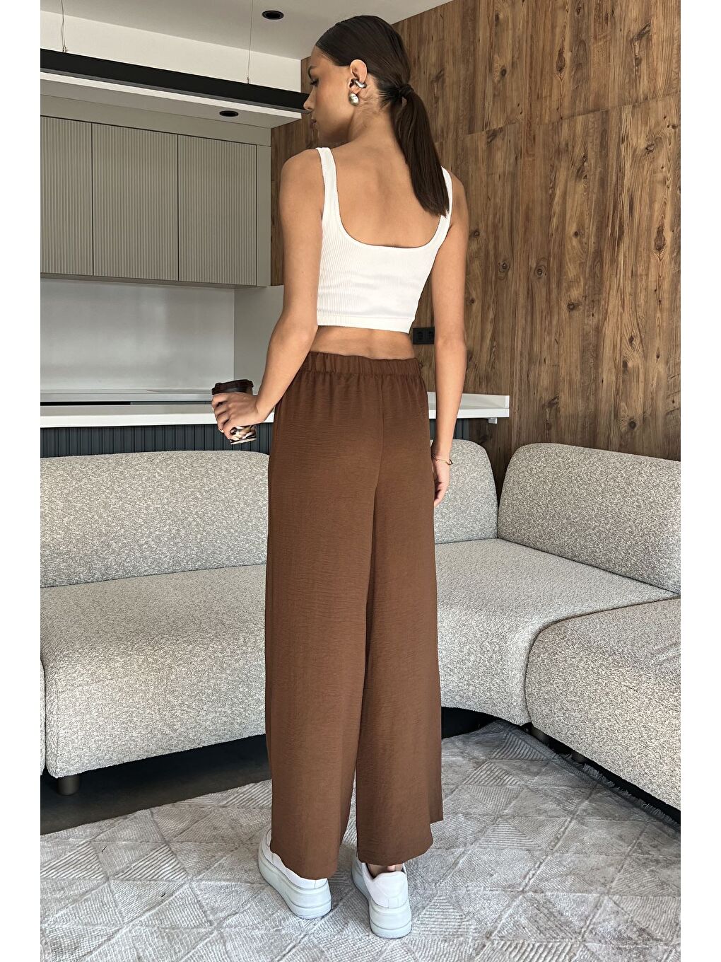 Kahverengi Kadın Bel Lastikli Bol Kesim Pantolon-2