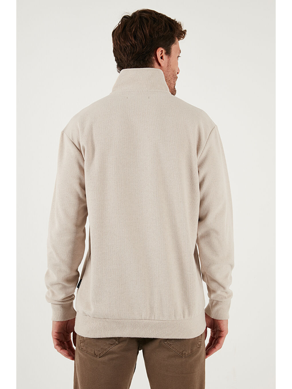 Bej Pamuklu Regular Fit Yarım Fermuarlı Dik Yaka Kazak 456112-6