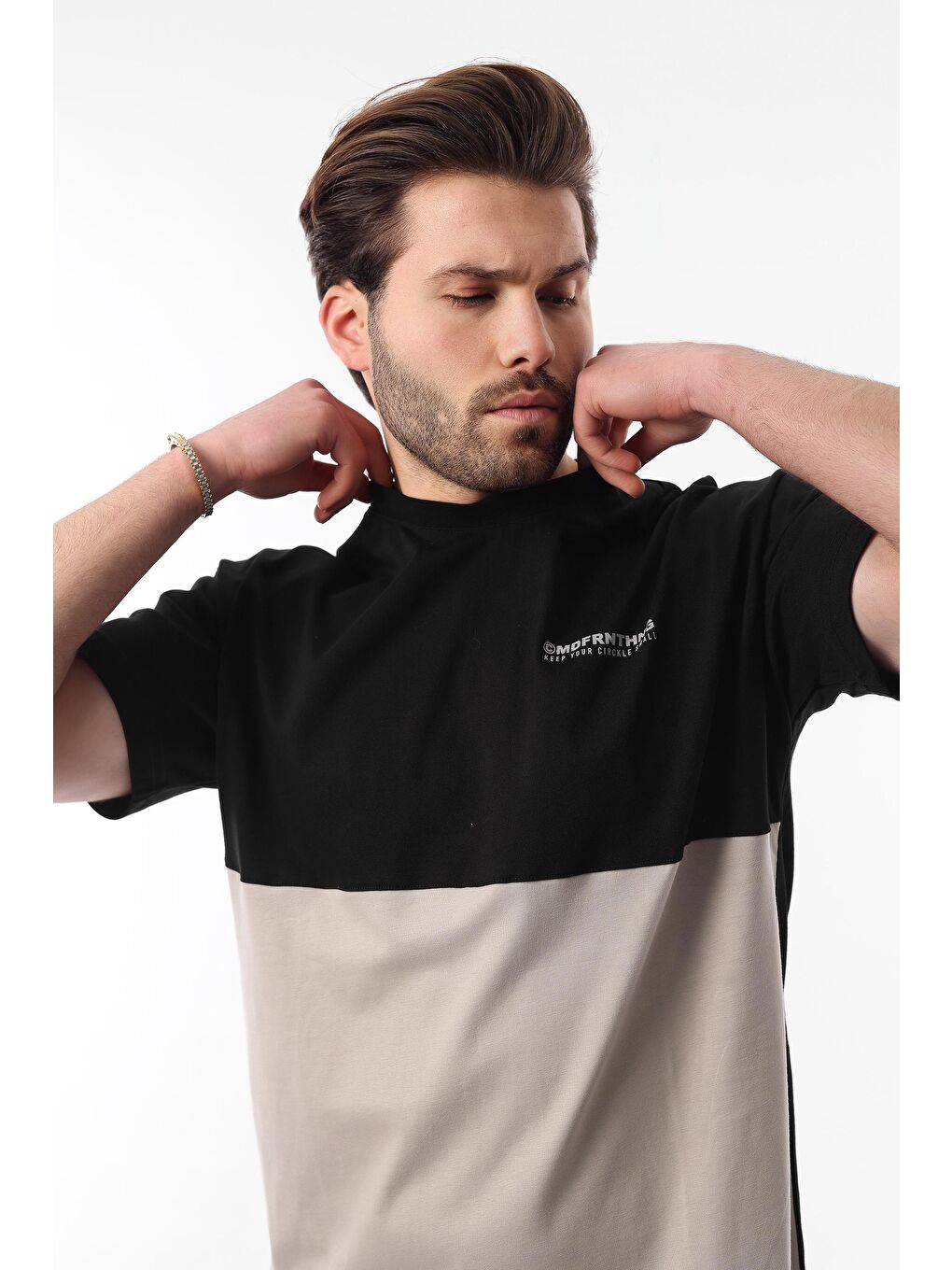 Siyah Baskılı Renk Bloklu Pamuklu Ayarlanabilir Bel Şort %100 Pamuk Takım 5952-2