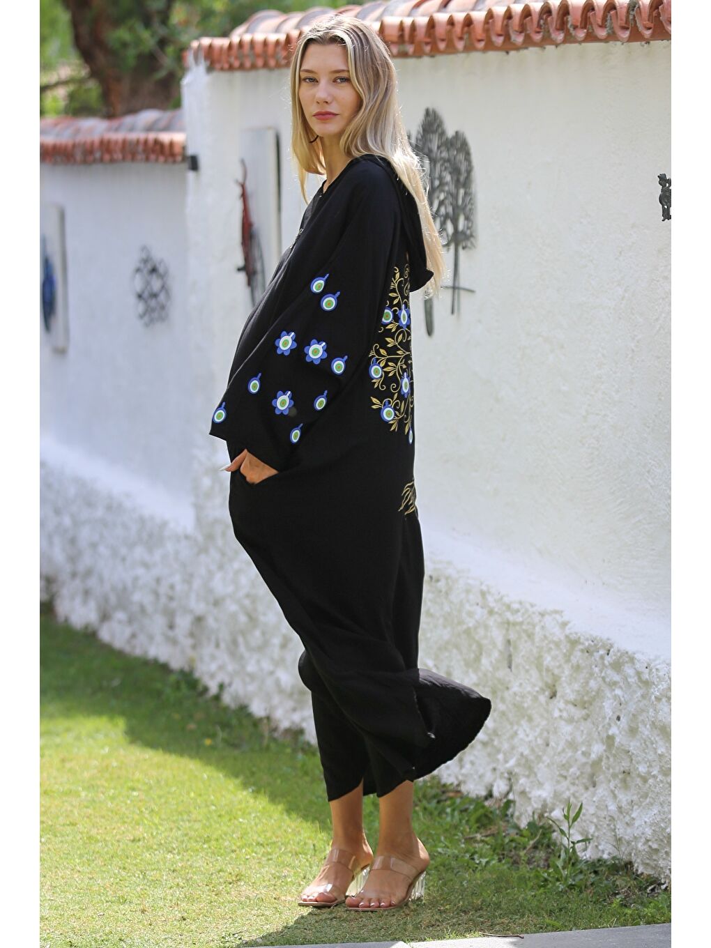 Siyah Kapüşonlu Uzun Kol Fermuarlı Baskılı Long Fit Dokuma Oversize Casual Elbise-2