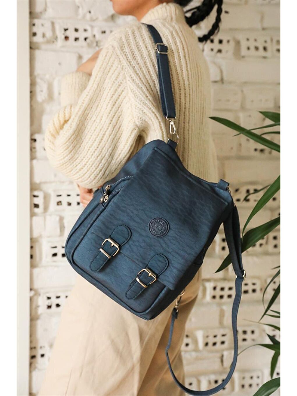 Lacivert Kadın Krinkıl Kumaş Okul El Ve Sırt Çantası-2