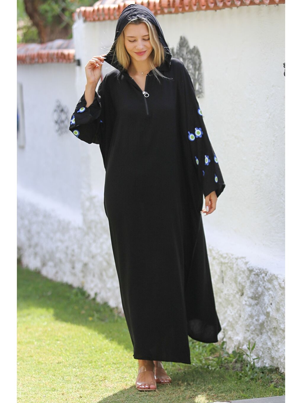 Siyah Kapüşonlu Uzun Kol Fermuarlı Baskılı Long Fit Dokuma Oversize Casual Elbise-5