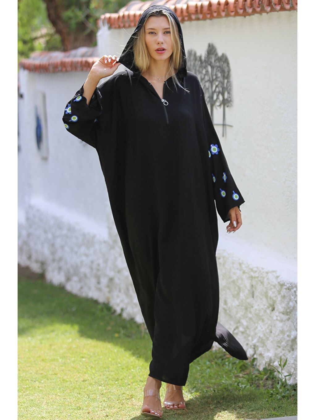 Siyah Kapüşonlu Uzun Kol Fermuarlı Baskılı Long Fit Dokuma Oversize Casual Elbise-6